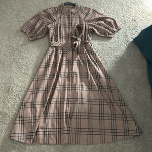 Calvin Klein Shirtdress. Tan with navy blue windowpane design.